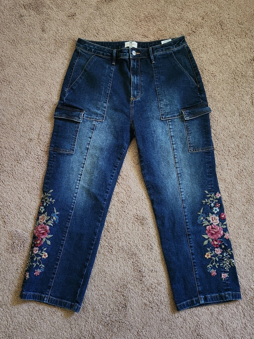 Driftwood Royce Cargo Jeans Ladies 14 Cargo Wide Embroidered Floral Boho Western